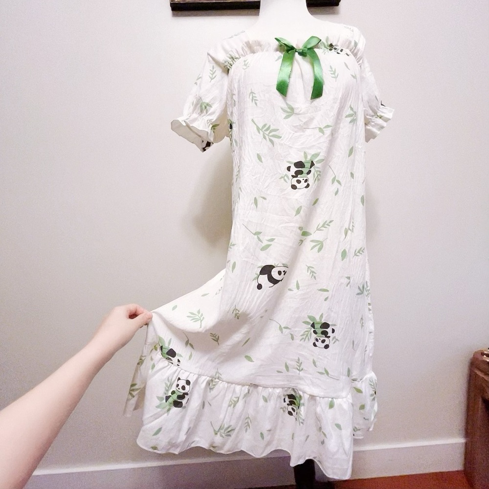 Cute Panda Print Cotton Nightgown with Green Bow | Built-In Pads | Relaxed Fit